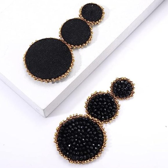 Black Gold Beaded Triple Tier Earrings Bohemian Bold Boho Statement Jewelry New - Picture 4 of 10